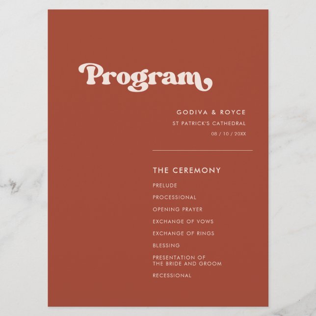 Stylish retro terracotta wedding program (Front)