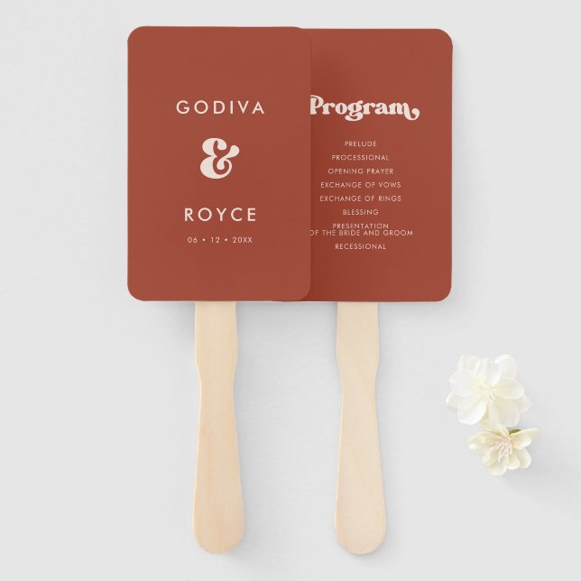 Stylish retro terracotta wedding program hand fan (Front and Back)