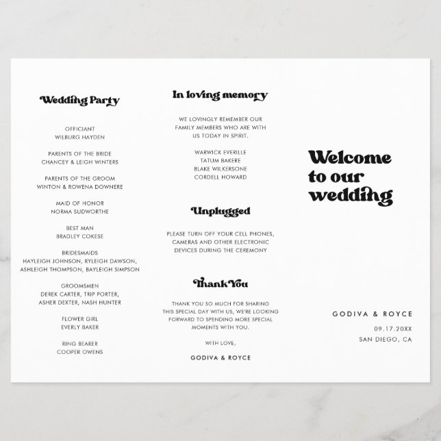 Stylish retro Trifold Wedding Program (Back)