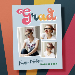 Stylish Retro Vintage 3 Photo Grad Announcement Postcard
