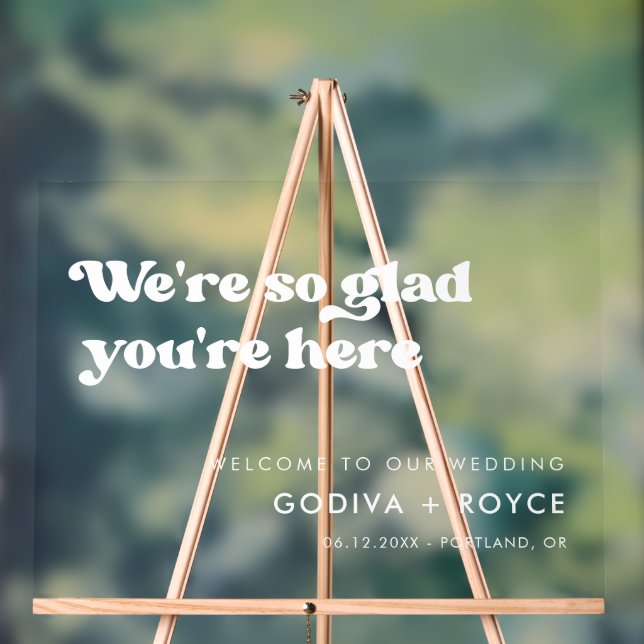 Stylish retro white So glad you're here Clear Acrylic Sign (Neutral)