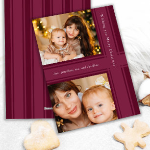 Stylish Ribbons Christmas Pink Plum Simple Photo Holiday Card