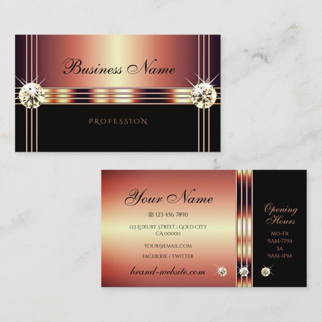 Stylish Rose Gold and Black with Faux Rhinestones Business Card (Front/Back)