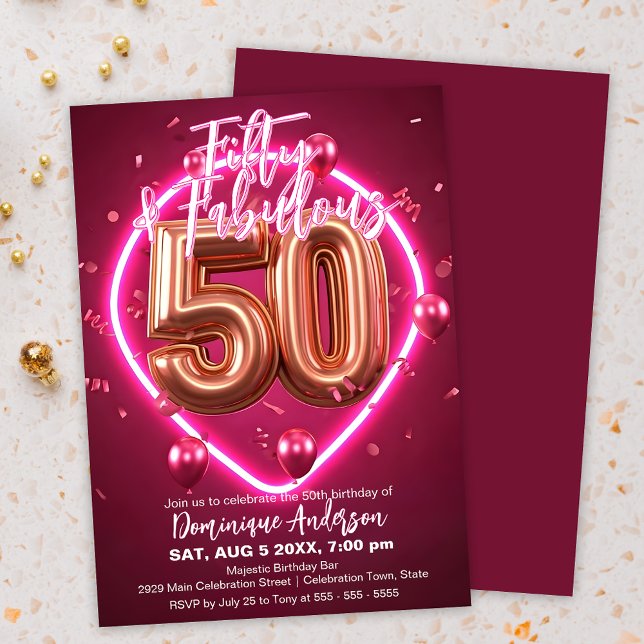 Stylish Rose Gold and Pink Neon 50th Birthday Invitation (Creator Uploaded)