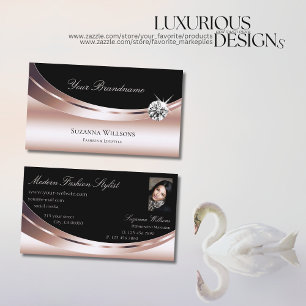 Stylish Rose Gold Black with Photo Sparkle Diamond Business Card