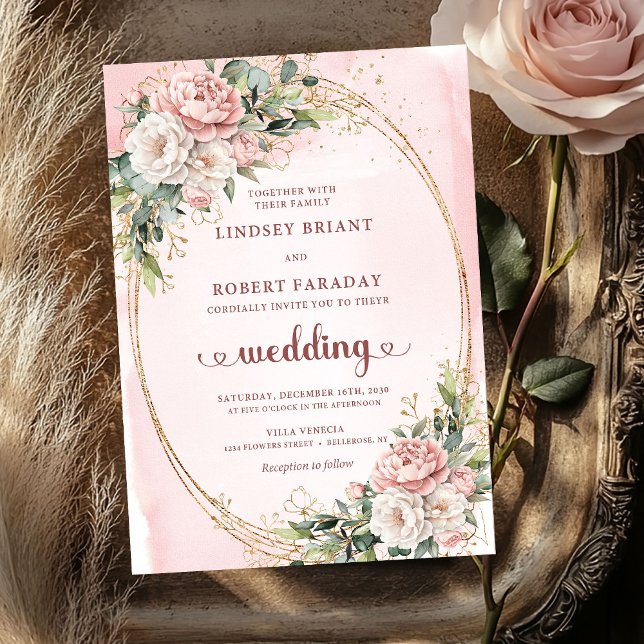 Stylish Rose Gold Blush Flowers Greenery Wedding  Invitation (Stylish Rose Gold Blush Flowers Greenery Wedding Invite

)