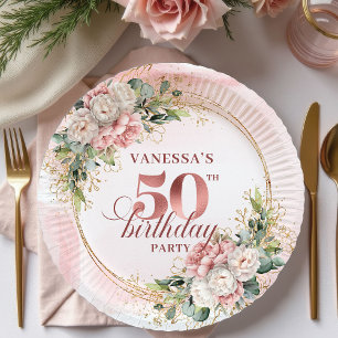 Stylish Rose Gold Blush Peonies 50th Birthday  Paper Plate