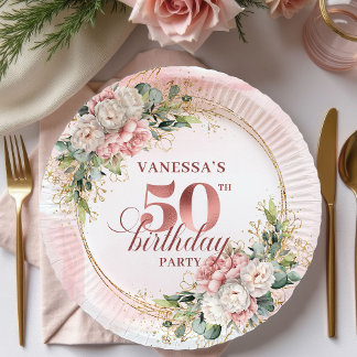Stylish Rose Gold Blush Peonies 50th Birthday Paper Plate