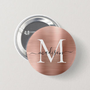 Stylish Rose Gold Brushed Metal Monogram Script 2 Inch Round Button