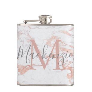 Stylish Rose Gold Foil Marble Monogram Hip Flask