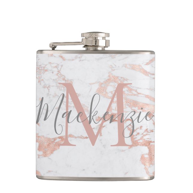 Stylish Rose Gold Foil Marble Monogram Hip Flask (Front)