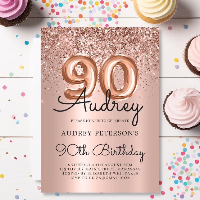 Stylish Rose Gold Glitter Balloon 90th Birthday Invitation (Creator Uploaded)