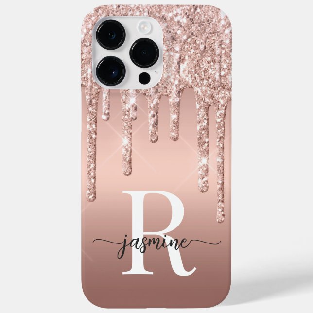Stylish Rose Gold Glitter Drips Metal Monogram Case-Mate iPhone Case (Back)