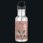 Stylish Rose Gold Glitter Drips Monogrammed  532 Ml Water Bottle<br><div class="desc">Modern, girly rose gold glitter drips name and monogrammed water bottle. This design features blush pink rose gold glitter sparkle drips on faux pink brushed metal background with custom personalized monogram initial and first name text template. Perfect girly gift. Please note, this design is a printed photo effect with no...</div>