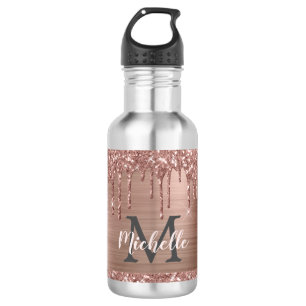 Stylish Rose Gold Glitter Drips Monogrammed  532 Ml Water Bottle