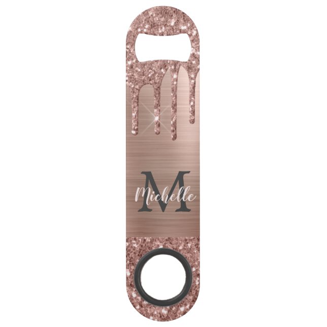 Stylish Rose Gold Glitter Drips Monogrammed  Bar Key (Front)