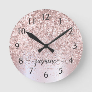 Stylish Rose Gold Glitter Metallic Monogram Name  Round Clock
