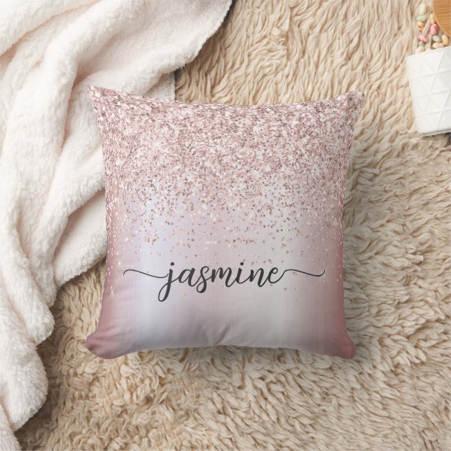 Stylish Rose Gold Glitter Monogram Name Script Throw Pillow (Blanket)