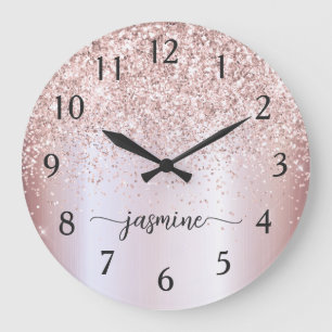 Stylish Rose Gold Glitter Monogram Name Signature Large Clock