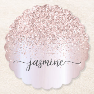 Stylish Rose Gold Glitter Monogram Name Signature Paper Coaster