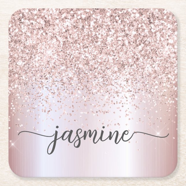 Stylish Rose Gold Glitter Monogram Name Signature  Square Paper Coaster (Front)