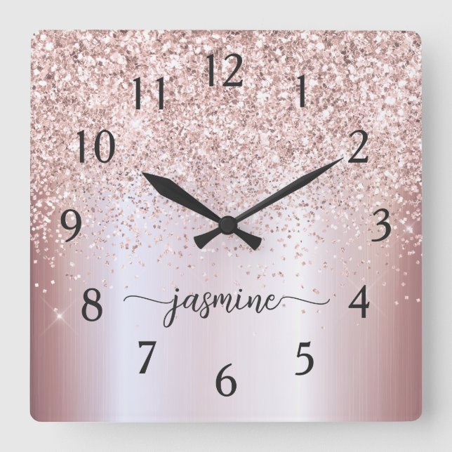 Stylish Rose Gold Glitter Monogram Name Signature  Square Wall Clock (Front)