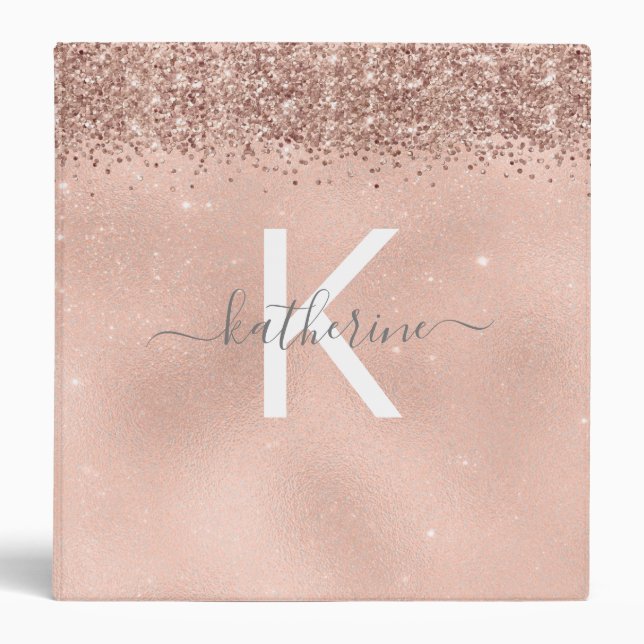Stylish Rose Gold Glitter Monogram Office School Binder (Front)