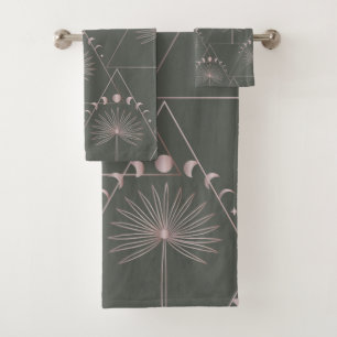 Stylish Rose Gold Grey Palm Leaf Moon Phases Art  Bath Towel Set