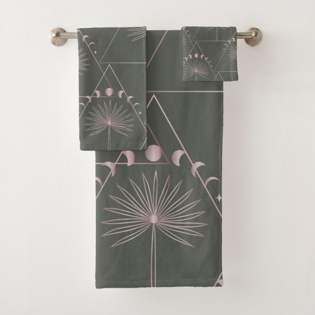 Stylish Rose Gold Grey Palm Leaf Moon Phases Art  Bath Towel Set (Insitu)