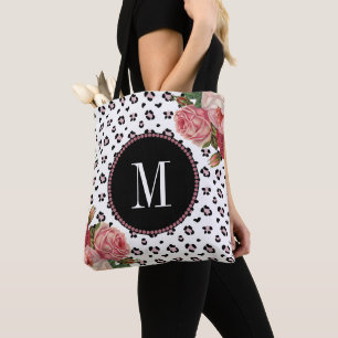 Stylish Rose Gold Leopard Vintage Floral Monogram Tote Bag