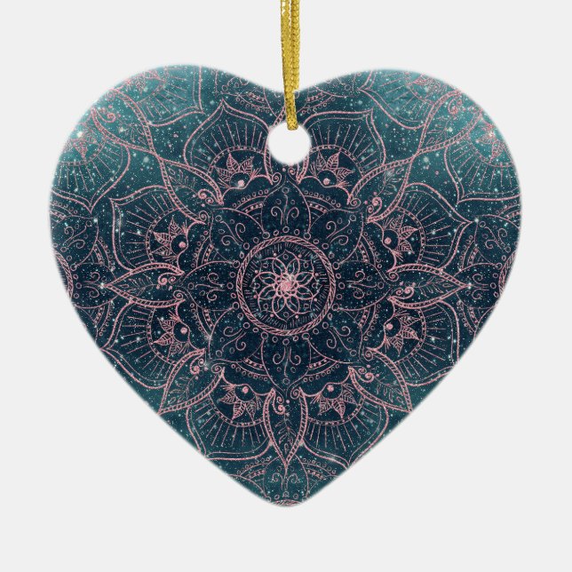 Stylish Rose Gold Mandala Blue Nebula Stars Ceramic Ornament (Front)