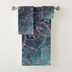 Stylish Rose Gold Mandala Blue Nebula Stars Design Bath Towel Set