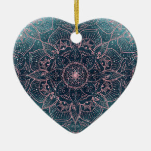 Stylish Rose Gold Mandala Blue Nebula Stars Design Ceramic Ornament