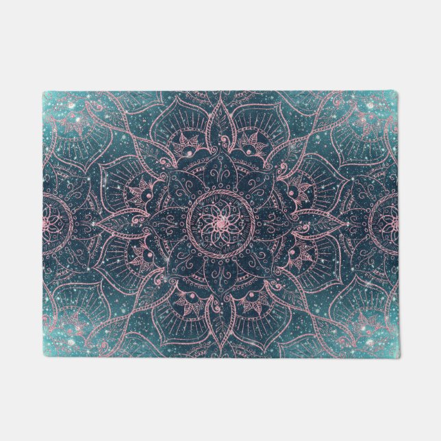 Stylish Rose Gold Mandala Blue Nebula Stars Doormat (Front)