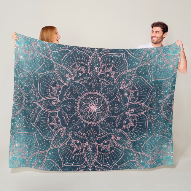 Stylish Rose Gold Mandala Blue Nebula Stars Fleece Blanket (In Situ)