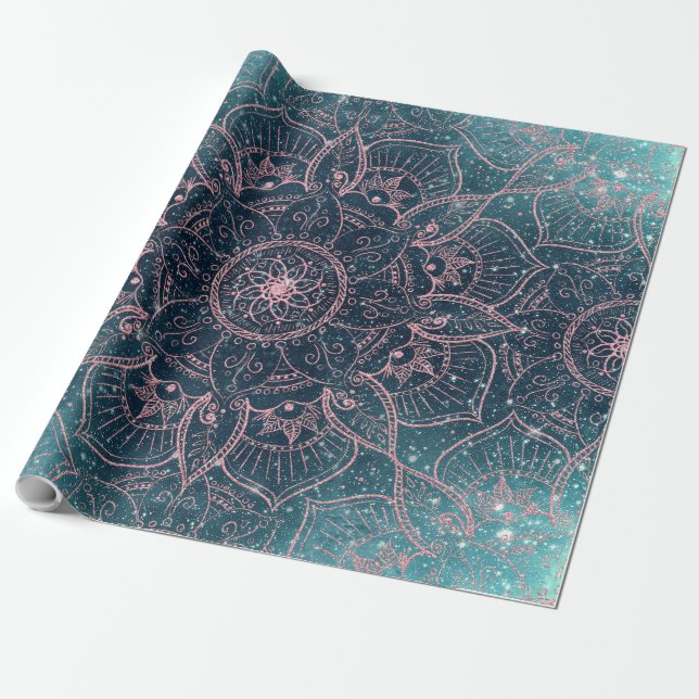 Stylish Rose Gold Mandala Blue Nebula Stars Wrapping Paper (Unrolled)