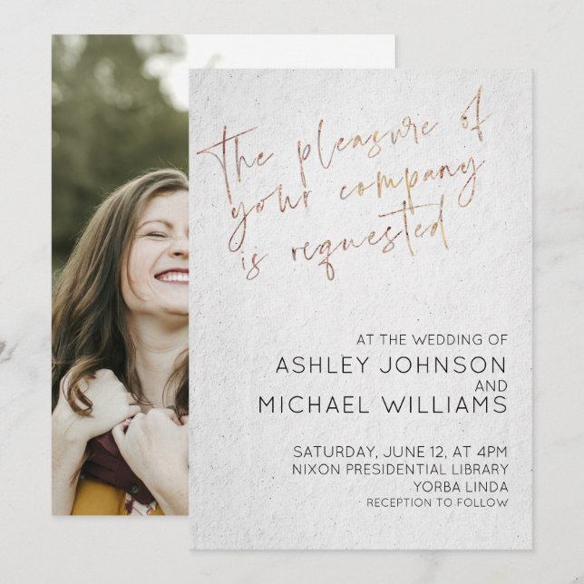 STYLISH ROSE GOLD SCRIPT Simple Photo Typography Invitation (Front/Back)