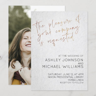 STYLISH ROSE GOLD SCRIPT Simple Photo Typography Invitation
