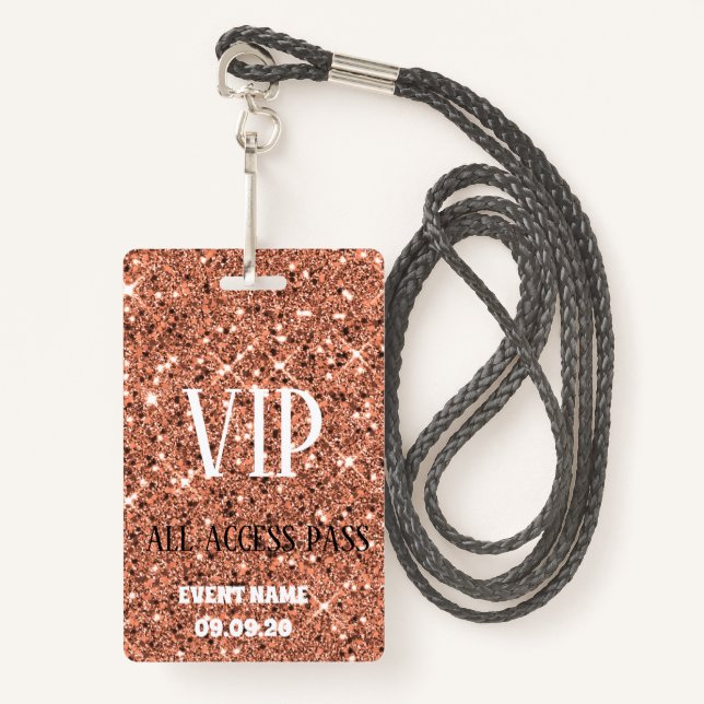 Stylish Rose Gold Sparkle Glitter VIP Access Badge (Front with Lanyard)