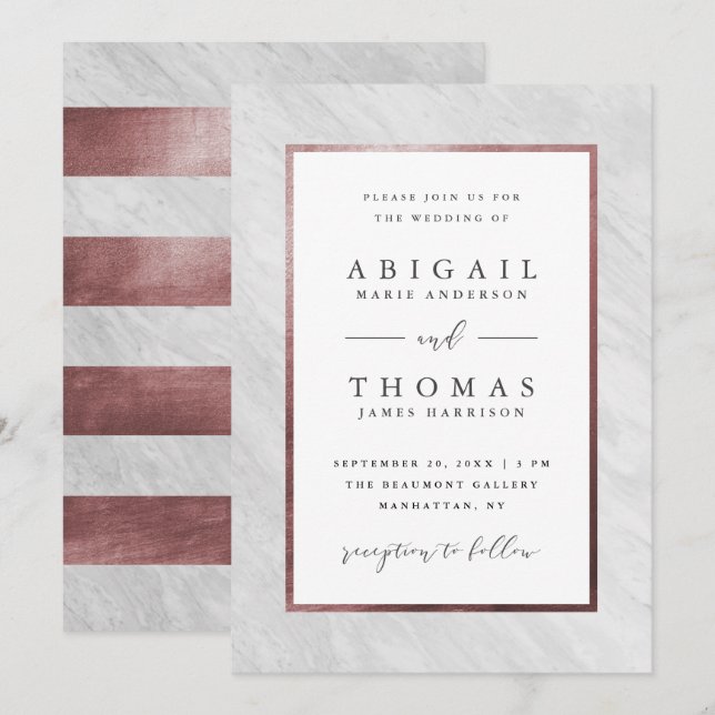 Stylish Rose Gold & White Marble Wedding Invitation (Front/Back)