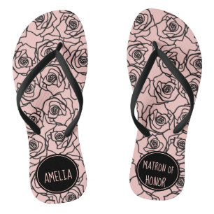 Stylish Rose Peach & Black Matron Of Honour Flip Flops