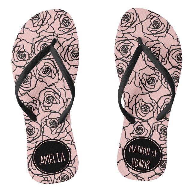 Stylish Rose Peach & Black Matron Of Honour Flip Flops (Footbed)