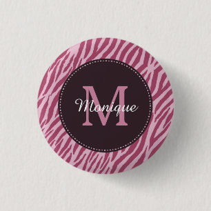 Stylish Rose Pink Zebra Print Monogram and Name 1 Inch Round Button