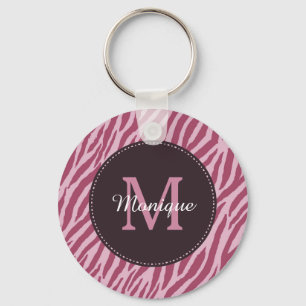 Stylish Rose Pink Zebra Print Monogram and Name Keychain