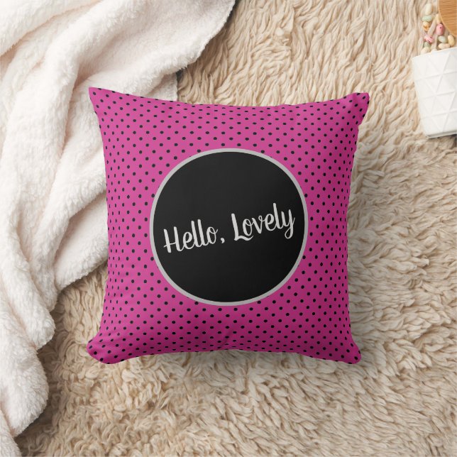 Stylish Rose Violet and Black Dots Custom Greeting Throw Pillow (Blanket)