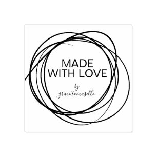 Stylish Round Scribble Made With Love Personalized Rubber Stamp