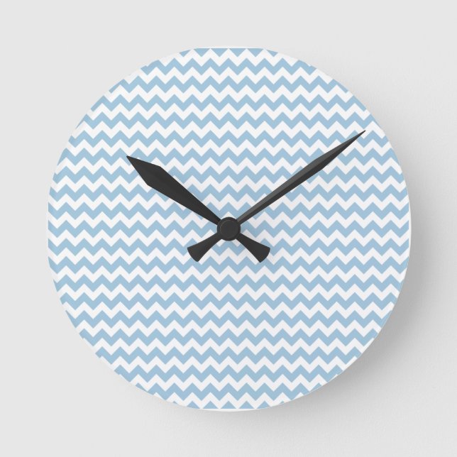 Stylish Round Wall Clock, Blue and White Chevrons Round Clock (Front)