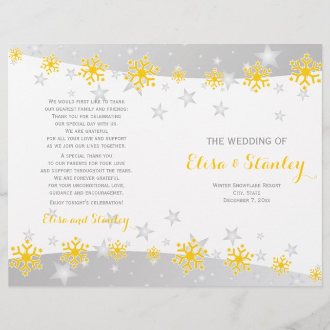 Stylish rows of yellow snowflakes wedding program (Front)