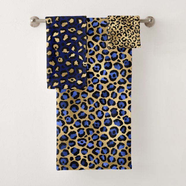 Stylish Royal Blue and Gold Foil Leopard Spots Bath Towel Set (Insitu)