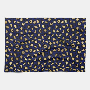 Stylish Royal Blue and Gold Foil Leopard Spots Kitchen Towel